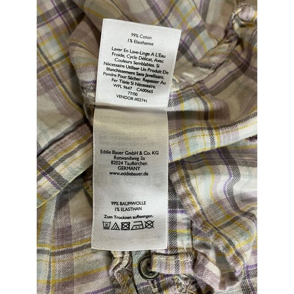 Eddie Bauer Plaid Ruffle Blouse Size L - Green Gray Cotton Roll Tab Sleeves - Picture 8 of 9